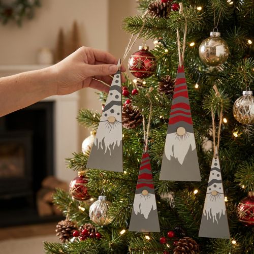 Lot de 8 décorations en bois Père Noël scandinave gris, rouge et naturel | Floristik24.be