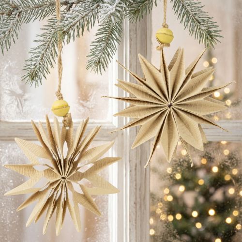 Étoiles en papier naturel avec perle jaune et corde en jute pour décoration festive | Floristik24.be