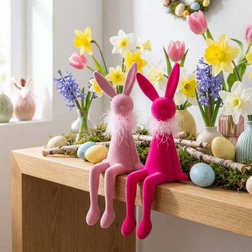 Figurine de lapin de Pâques avec boa en plumes, à poser sur une étagère, figurine décorative de Pâques, 27 cm, 2 pièces | Floristik24.be