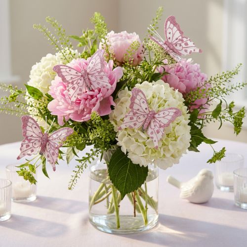 Papillons décoratifs en plumes rose pailleté 7,5x7cm 4 pcs | Floristik24.be