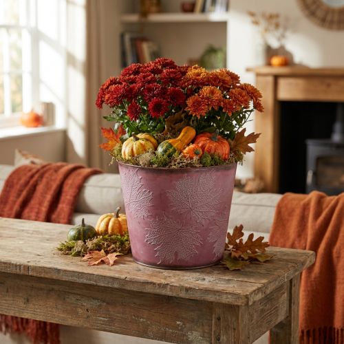 Pot d'automne, seau à plantes, décoration en métal avec feuilles rouge vin Ø25,5cm H22cm | Floristik24.be