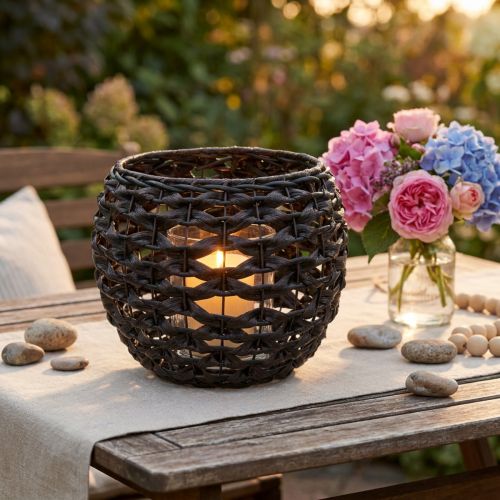 Porte-bougie chauffe-plat tressé, noir et marron, décoration estivale, Ø 31 cm H 25 cm | Floristik24.be