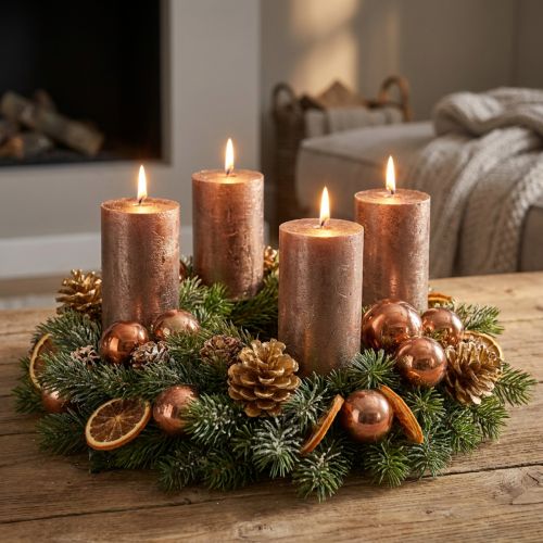 Bougies piliers, lot de 4, couleur cuivre-brun métallisé uni, 70 x 120 mm - Bougies décoratives élégantes à longue durée de combustion | Floristik24.be