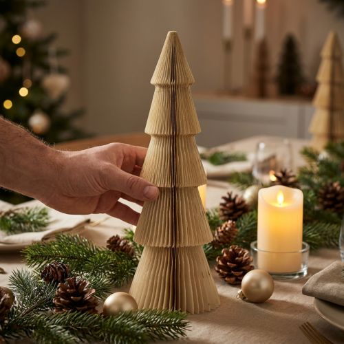 Sapin de Noël en Papier Sapin Petit Crème Doré H30cm | Floristik24.be
