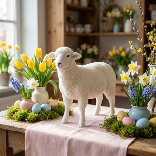 Figurine décorative mouton décoration de table Pâques blanc floqué 30×28cm | Floristik24.be