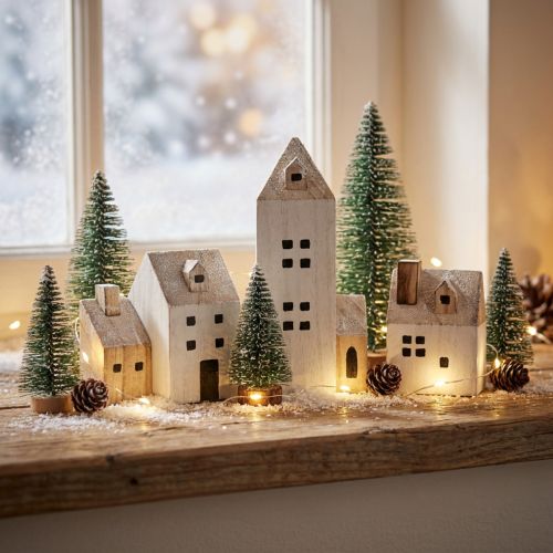 Mini Village de Noël Décoration en Bois Blanc Naturel H13/7cm 6 pcs | Floristik24.be