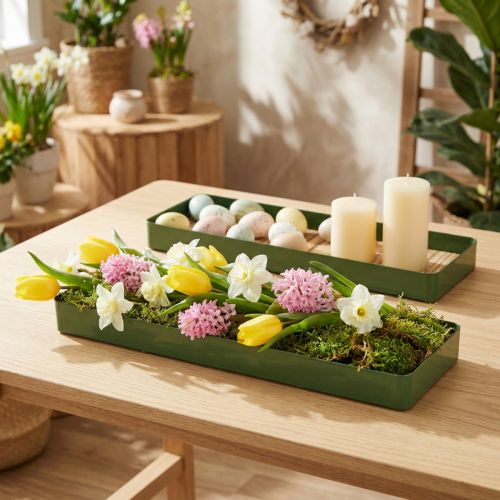 Plateau décoratif en métal et bois, vert, 35,5 × 11 × 3 cm, lot de 2 | Floristik24.be