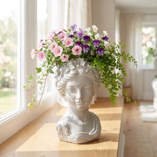 Sculpture buste féminin en pierre moulée, jardinière grise antique 15×14×25cm | Floristik24.be