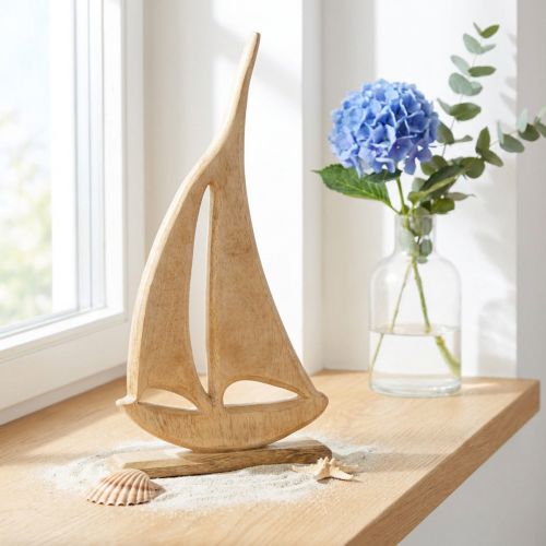 Voilier Bois sur Socle Décoration de Table Naturelle Maritime H42cm | Floristik24.be