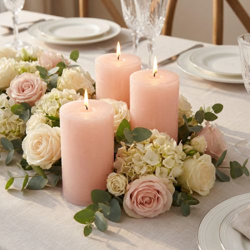 Bougies piliers roses 70x120mm - Lot de 4. Bougies décoratives rose clair pour une ambiance romantique et chaleureuse, idéales pour la décoration de mariage. | Floristik24.be