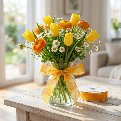 Article Ruban cadeau, ruban d'organza à motif floral, jaune/orange, 25 mm x 18 m