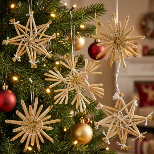 Article Set de décorations de Noël en paille avec paillettes dorées Ø6cm - 24 pièces