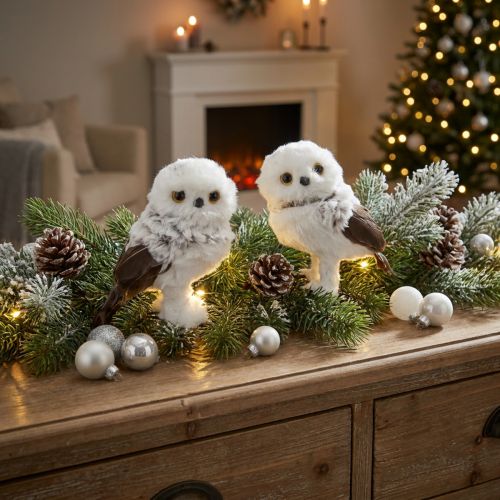 Figurine décorative de chouette harfang des neiges, paire de chouettes, blanche et brune, 12 cm de haut, 2 pièces | Floristik24.be