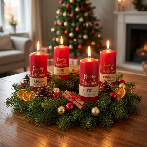Bougies de l'Avent rouges « Joyeux Noël » en cire de stéarine et de colza, pour la décoration de Noël, lot de 4, 130 x 60 mm | Floristik24.be