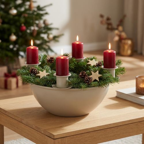 Porte-bougies à 4 supports, couronne de l'Avent moderne, beige, 15 cm | Floristik24.be