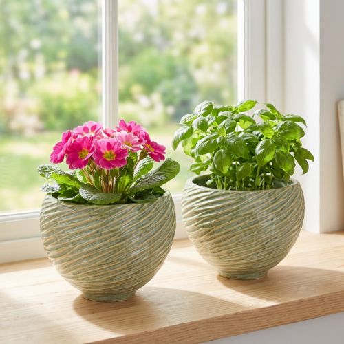 Jardinière décorative en céramique verte Ø15cm H11cm 2pcs | Floristik24.be