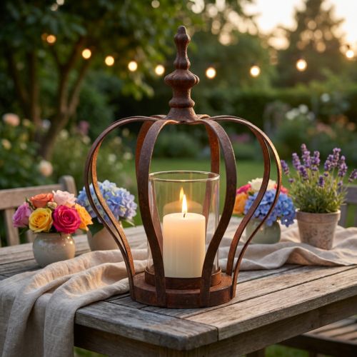 Lanterne couronne noir rouille avec verre bougie Ø14cm H18cm | Floristik24.be