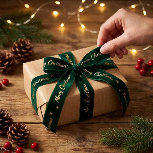 Ruban cadeau, ruban de Noël, ruban velours Vert Joyeux Noël 25mm 20m | Floristik24.be