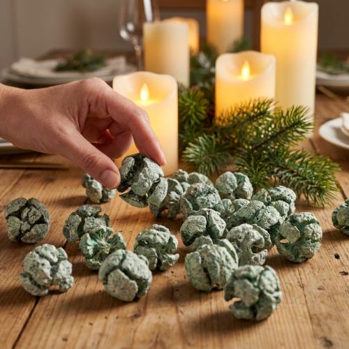 Cônes de cyprès décor naturel givré 3cm vert 500g | Floristik24.be