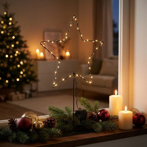 Étoile LED avec compartiment à piles sur support pour rebord de fenêtre et table, 46 cm | Floristik24.be