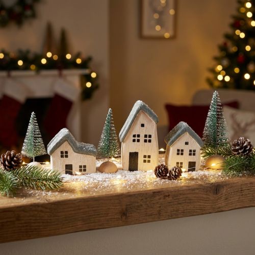 Village de Noël maisons en bois sapins verts et blancs 5-8 cm lot de 6 | Floristik24.be