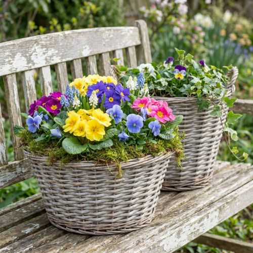 Panier à plantes vintage en osier, Ø 25 cm, H 21 cm, gris/blanc, lot de 2 | Floristik24.be