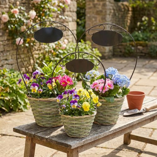 Panier à fleurs avec poignée et plaque en métal, Ø23/20/17cm, lot de 3. | Floristik24.be