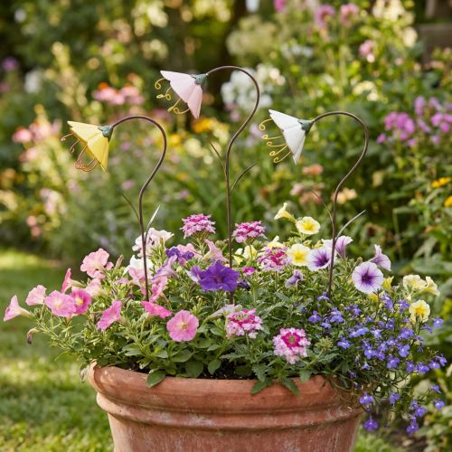 Article Piquet de Jardin Fleur Fleurs en Métal Jaune Rose Blanc 49cm 3 pcs