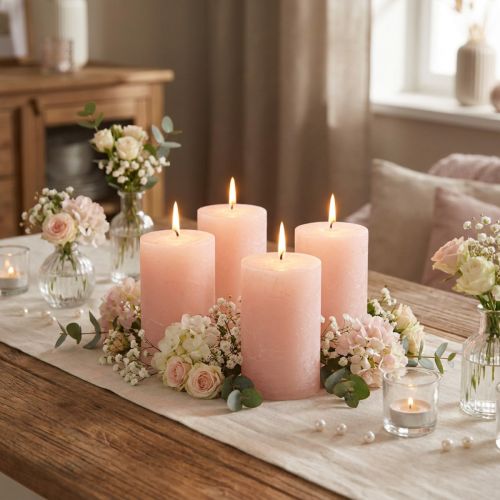 Bougies piliers roses unies romantiques, rose clair, 70×80 mm, lot de 4 - Bougies décoratives pour une ambiance chaleureuse | Floristik24.be