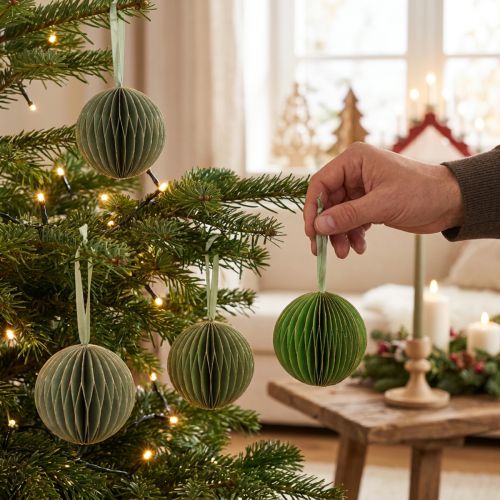 Boules en papier alvéolé vert et doré 7 cm lot de 4 | Floristik24.be