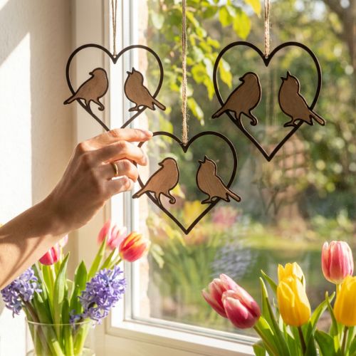 Décoration à suspendre coeur avec oiseaux décoration à suspendre 12 cm 4 pièces | Floristik24.be