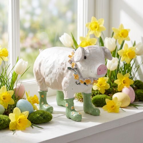 Article Cochon décoratif avec bottes en caoutchouc – Figurine de ferme amusante avec couronne de fleurs 15,5 cm