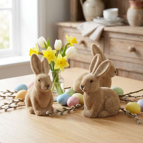 Article Lapins de Pâques décoratifs assis marron – 2e choix – Floqués H15 cm 4 pièces