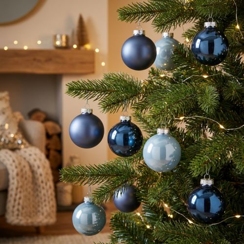 Article Boules de Noël en verre, lot de 3 – bleu clair, bleu, bleu métallisé et mat, avec attache, 6 cm, 24 pièces
