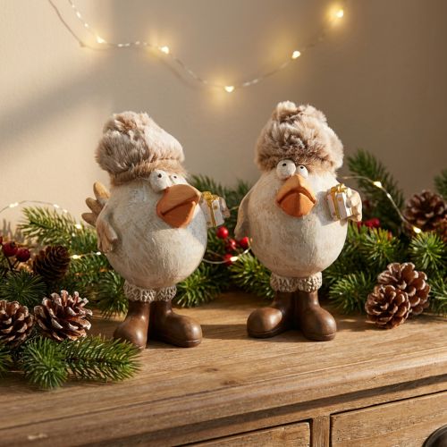 Figurines de Noël oiseau avec chapeau beige 11,5x8x14cm 2pcs | Floristik24.be