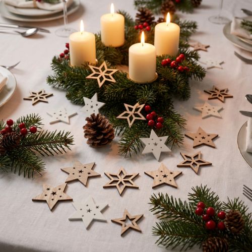 Article Décoration de Noël étoiles en bois blanc/naturel Ø4cm 72 pcs