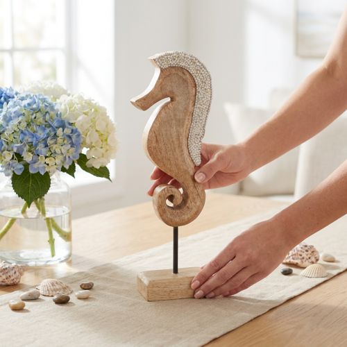 Décoration hippocampe avec perles, décoration de table maritime, bois, 28 cm | Floristik24.be