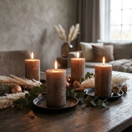 Bougies piliers modernes, lot de 4, couleur cuivre métallisé, Ø70x100mm - Bougies élégantes et unies pour une décoration raffinée | Floristik24.be