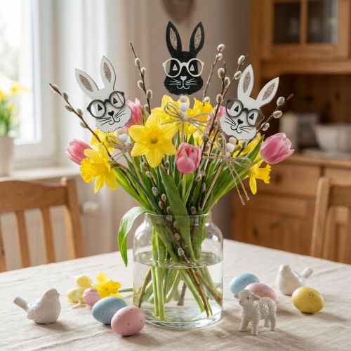 Bouchon fleur lapin avec verres bois scintillant 4×7.5cm 12pcs | Floristik24.be