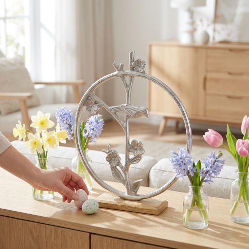 Décoration de table printemps, anneau décoratif déco oiseau argenté H32,5cm | Floristik24.be
