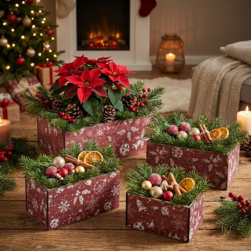 Jardinière de Noël vintage, en bois, rouge, 24-40 cm, lot de 4 | Floristik24.be