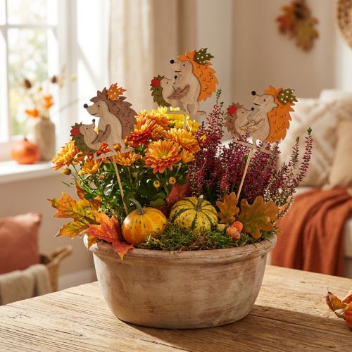 Article Piquet à fleurs hérisson avec enfant, décoration d'automne, bois, 8,5 cm, lot de 8