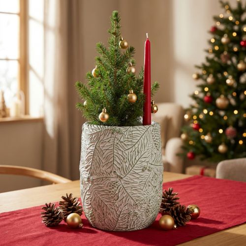 Jardinière en céramique vert blanc gris branches de pin Ø12cm H17.5cm | Floristik24.be