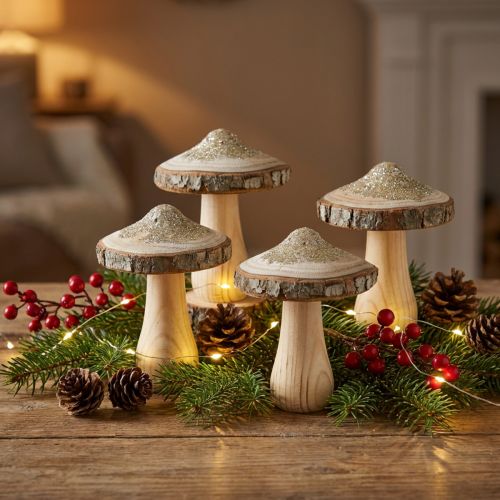 Champignon en bois écorce et paillettes déco champignons bois H8.5cm 4pcs | Floristik24.be