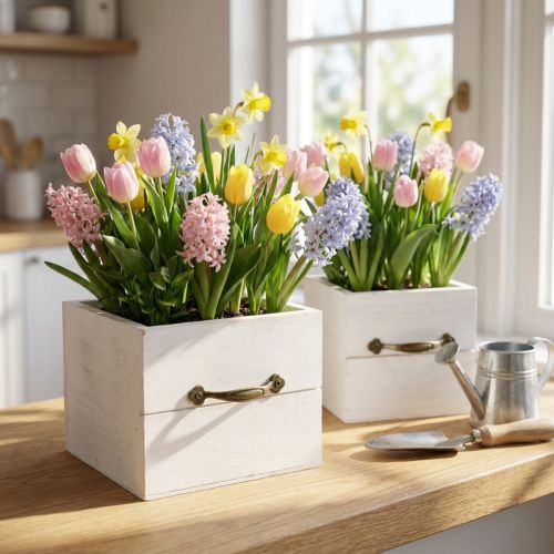 Jardinière bois tiroir blanc 15x15/12x12cm lot de 2 | Floristik24.be
