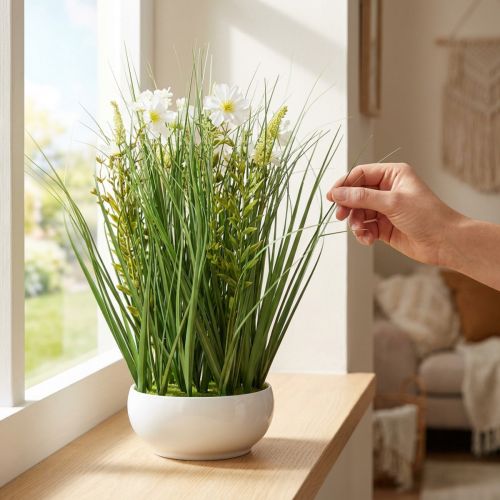 Herbe décorative avec des fleurs de Cosmea dans un bol H45cm | Floristik24.be