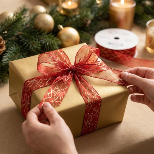 Ruban de Noël avec filet étoiles rouge et or 25 mm 18 m | Floristik24.be