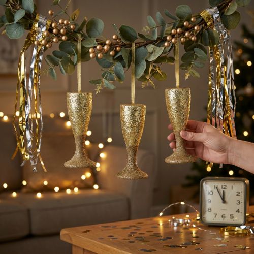Article Suspension pour flûte à champagne or clair, décoration du Nouvel An, 15 cm, 3 pièces