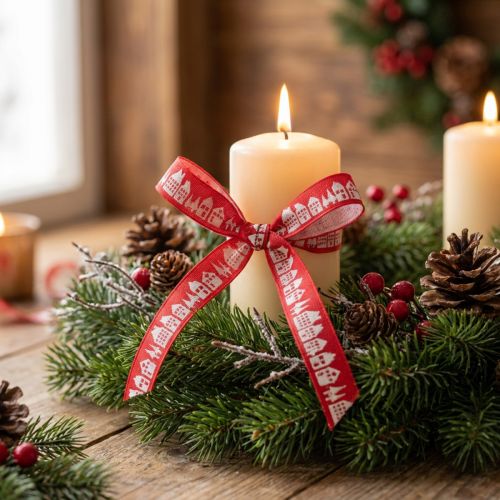 Ruban de Noël rouge avec maisons blanches 15 mm 20 m | Floristik24.be