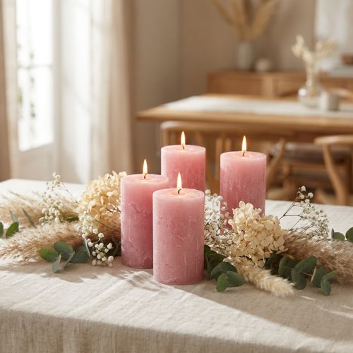 Lot de 4 bougies piliers rustiques, rose antique, bougies de qualité, teintées dans la masse, 80 x 110 mm, pour une décoration élégante et une longue durée de combustion. | Floristik24.be